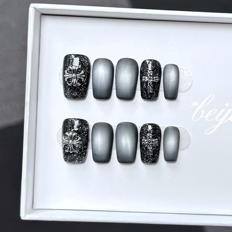 Black Cat Eye Cross Press-On Nails with Fine Glitter