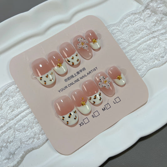 Gentle French Leopard 3D Flower Fake Nails