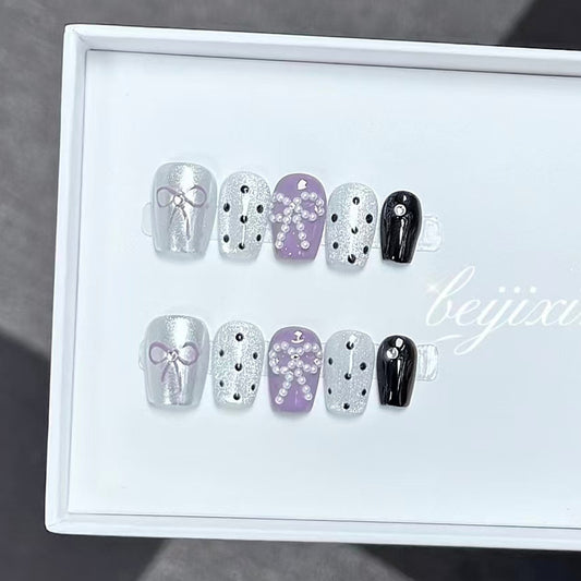 Glam Silver Glitter Press-on Nails with Purple Pearl Accents - Perfect for Parties