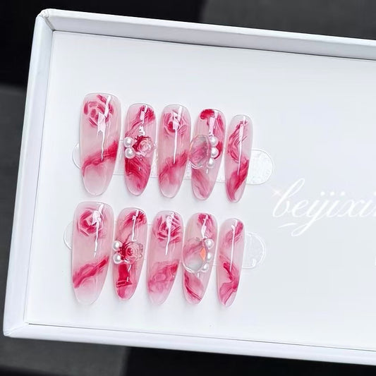 Red Marble Almond Press-on Nails with Pearl Accents