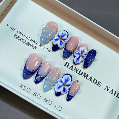 Blue Ombre 3D Flower Press On Nails
