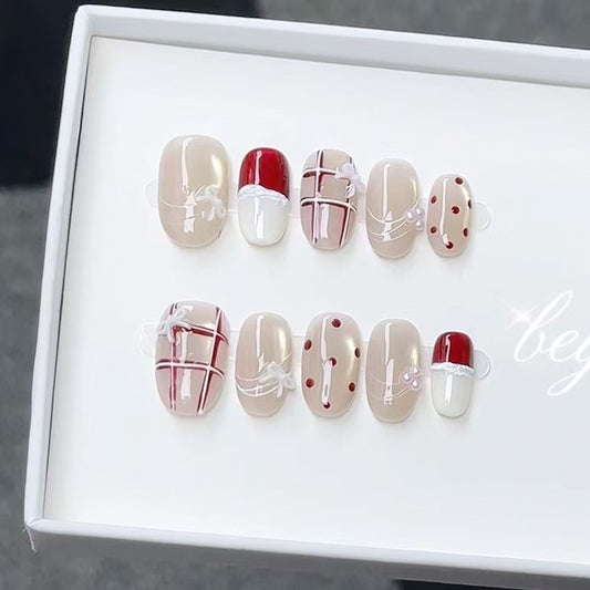 Red Polka Dot White Cat Eye Checkered Nails with 3D Bow