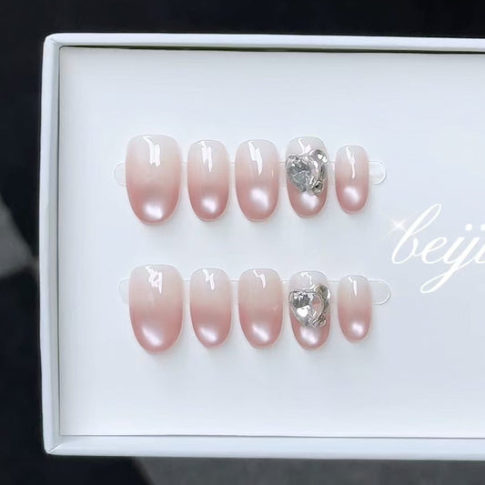 Pink Cat Eye Ombre Round Press-on Nails with Cluster Rhinestone Accents