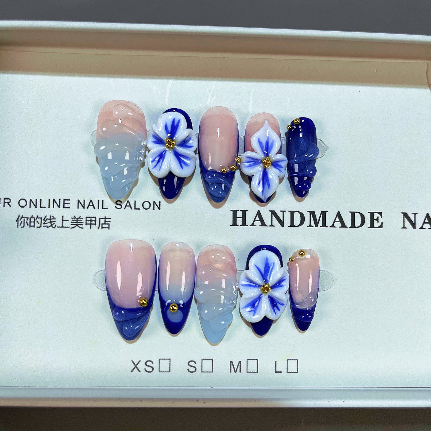 Blue Ombre 3D Flower Press On Nails