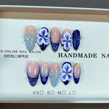 Blue Ombre 3D Flower Press On Nails