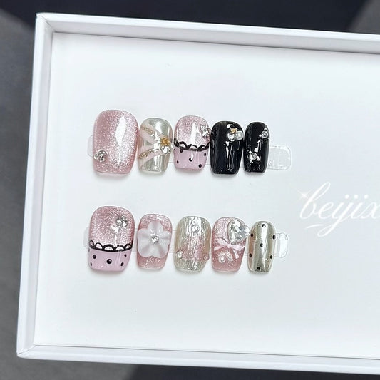 Cute Floral Press-on Nails with Bold Feminine Mixed Colors