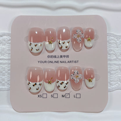 Gentle French Leopard 3D Flower Fake Nails