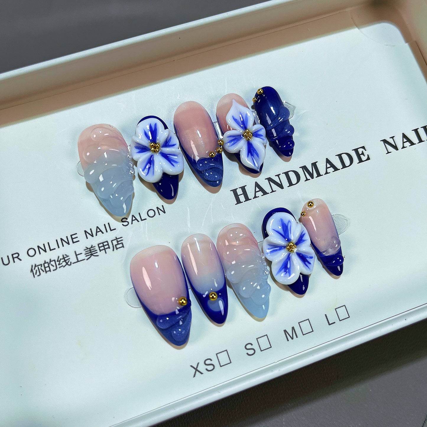 Blue Ombre 3D Flower Press On Nails
