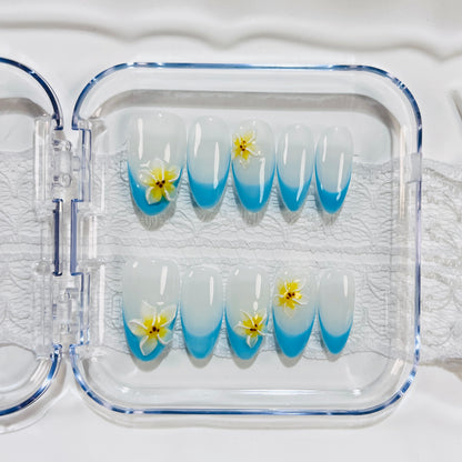 Blue Gradient Plumeria Press On Nails