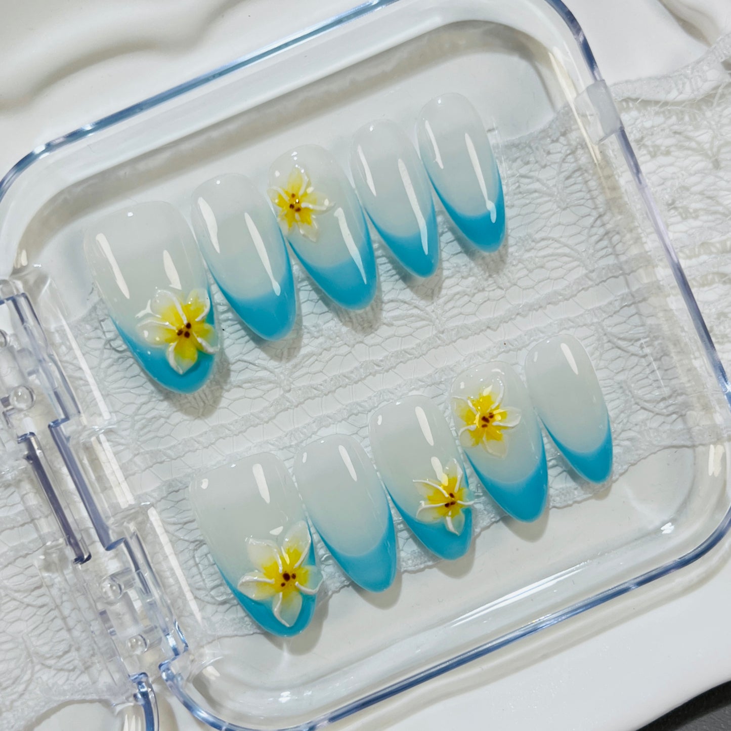 Blue Gradient Plumeria Press On Nails