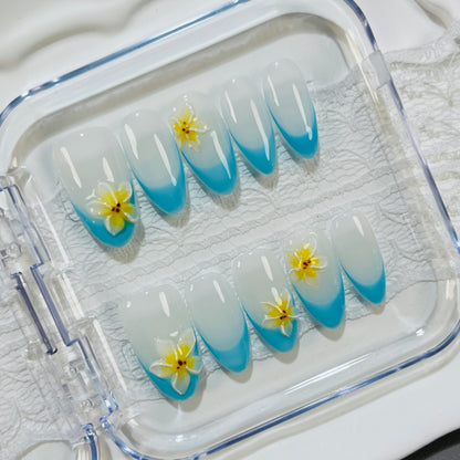Blue Gradient Plumeria Press On Nails