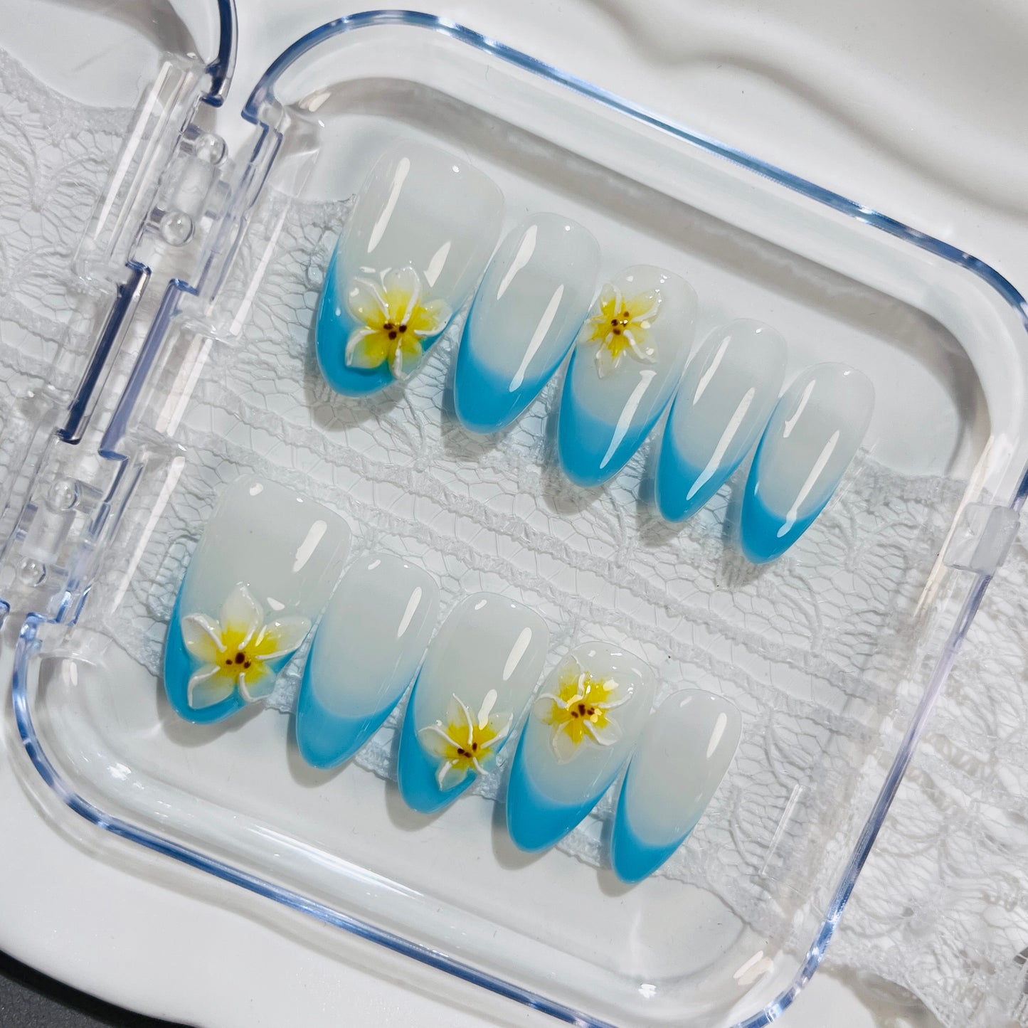 Blue Gradient Plumeria Press On Nails