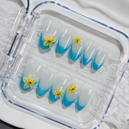Blue Gradient Plumeria Press On Nails
