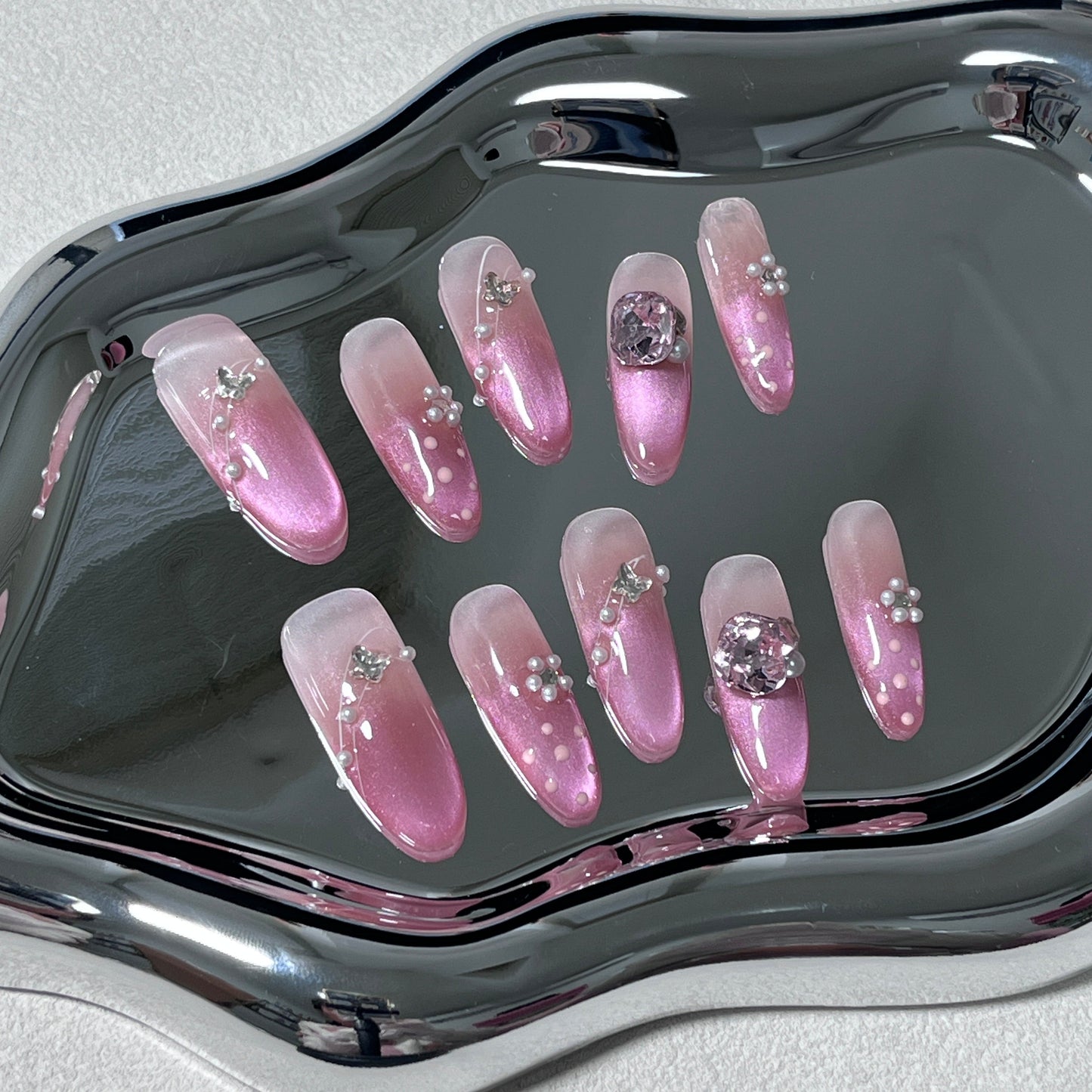 Pink Ombre Cat Eye Press-on Nails with Crystal Rhinestones