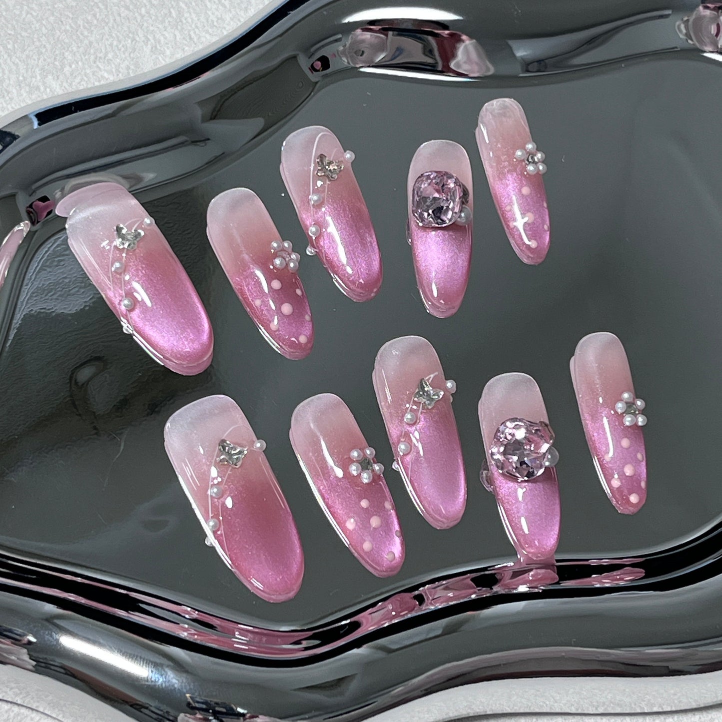 Pink Ombre Cat Eye Press-on Nails with Crystal Rhinestones