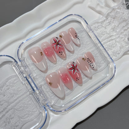 French Tip Pink Flower Press On Nails