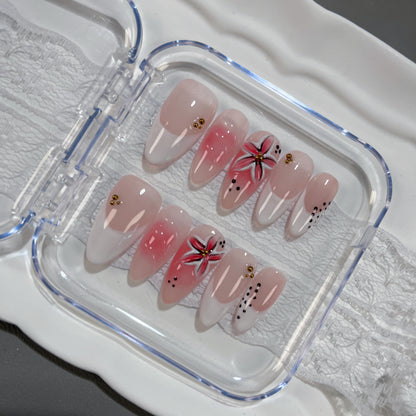 French Tip Pink Flower Press On Nails