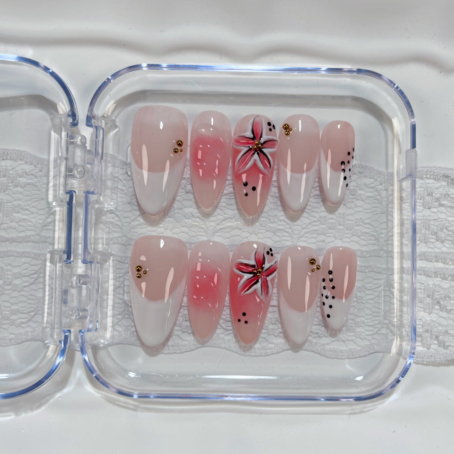 French Tip Pink Flower Press On Nails