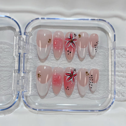 French Tip Pink Flower Press On Nails