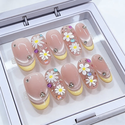 Handcrafted French Daisy Press-On Nails - Ethereal & Elegant