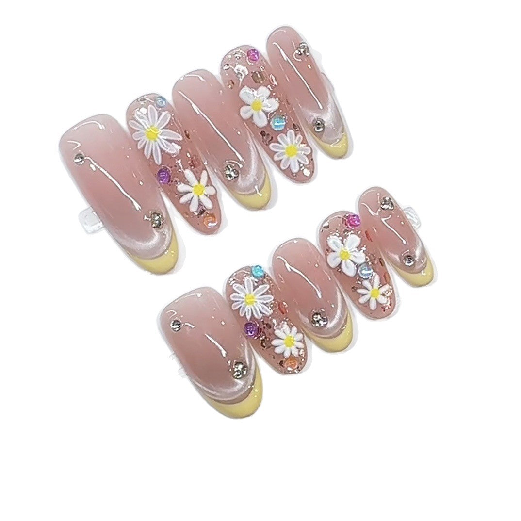 Handcrafted French Daisy Press-On Nails - Ethereal & Elegant