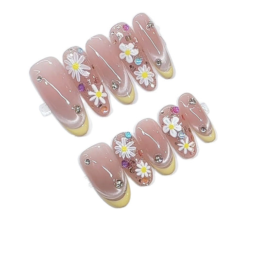 Handcrafted French Daisy Press-On Nails - Ethereal & Elegant